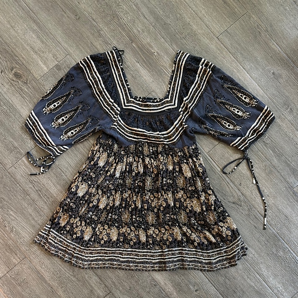 Free People Blue and Cream Casual Sundress with Square Neck